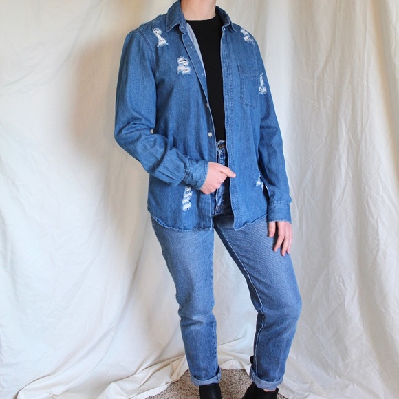Distressed Denim Button Down Long Sleeve Shirt - Picture 1 of 6